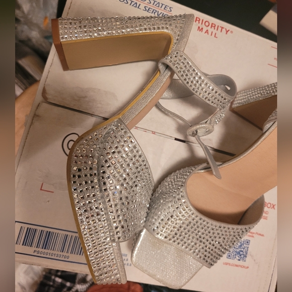Silver Rhinestone Platform Block Heels - Picture 3 of 7
